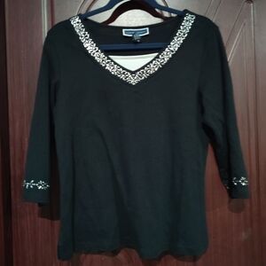 Karen Scott Black Long Sleeve Top with Silver Embellishments